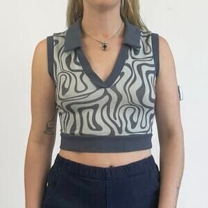 SHEIN Navy Blue Abstract Swirl Cropped V-Neck Collared Knit Top